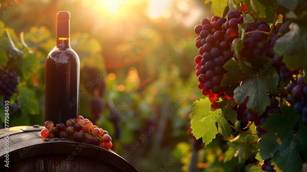 mockup of a bottle of red wine on a wooden barrel with red grapes on the background of a copy space vineyard