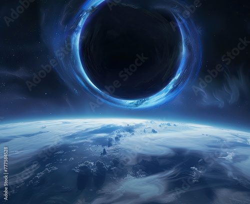 The black hole in space, an atmospheric scene with the Earth visible below and clouds above it, glowing blue light emanating from behind