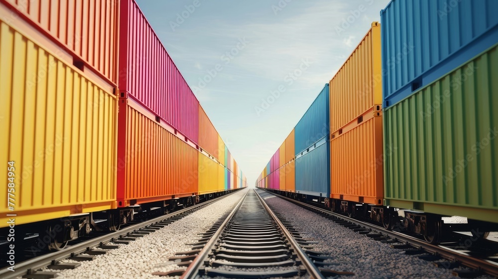 Fototapeta premium Colorful freight train loaded with containers on a clear day