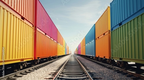 Colorful freight train loaded with containers on a clear day