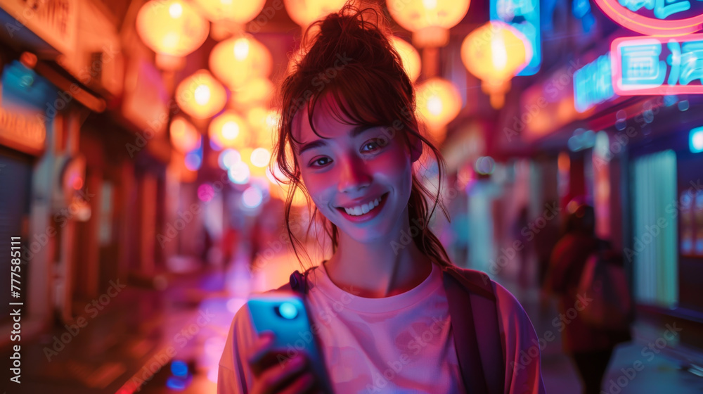 Portrait of Gorgeous Smiling Female Using Mobile Phone . Beautiful Young Woman Using Smartphone Walking Through Night City Street Full of Neon Light.