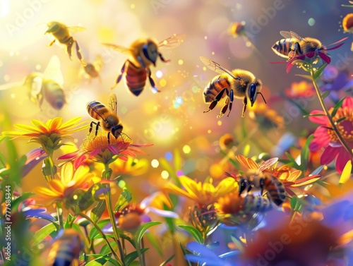 A group of bees flying in a field of flowers © Moon Story