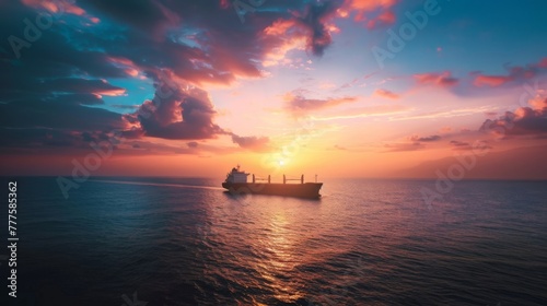 Silhouetted cargo ship on a serene sea at sunset