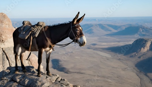 A-Mule-Standing-On-A-Rocky-Cliff-Surveying-The-La-