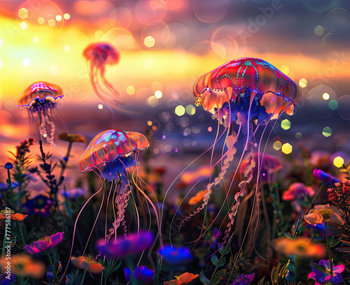 photography of vibrant led lights colourful jellyfish flowers wide field landscape, chromatic whimsical landscape, sunset ambient © Sattawat