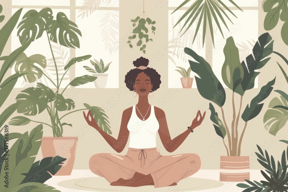A woman is sitting on a rug in a room with plants