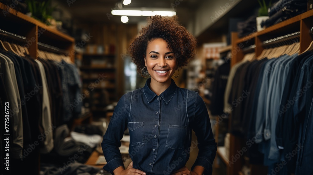 Small Business Owner Female Woman Black African American in Urban City Boutique Retail Clothing Shop for Bank Finance or Black Owned Business Support