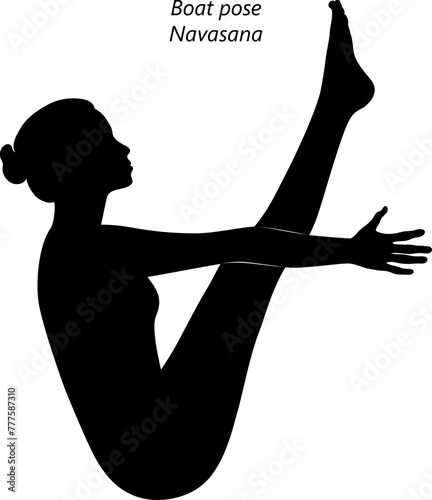 Silhouette of young woman practicing Navasana yoga pose. Boat pose. Intermediate Difficulty. Isolated vector illustration