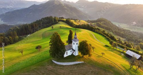 Aerial view of St. Thomas church on top of a hill, Skofja Loka, Slovenia