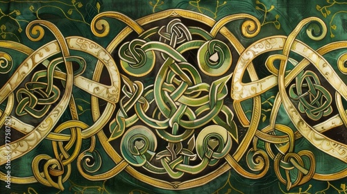 A green and gold design with a spiral pattern