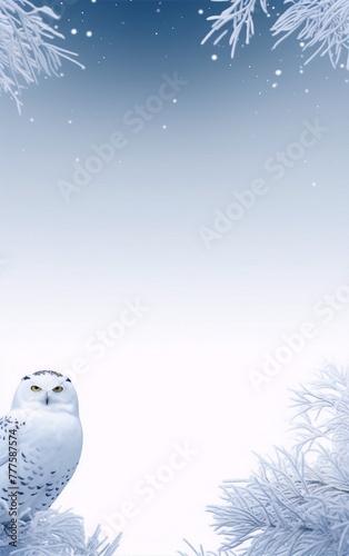 Snowy owl perched on a snow-covered branch against a snowy background in a realistic style with soft colors and a winter theme. photo