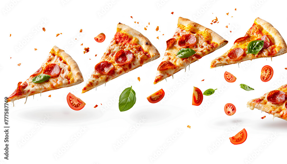 Flying slices of tasty pizzas on white background Flying slices of tasty pizzas on white background