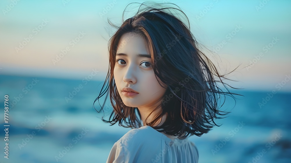 海辺に立つ笑顔の女性 海辺に立つ笑顔の女性