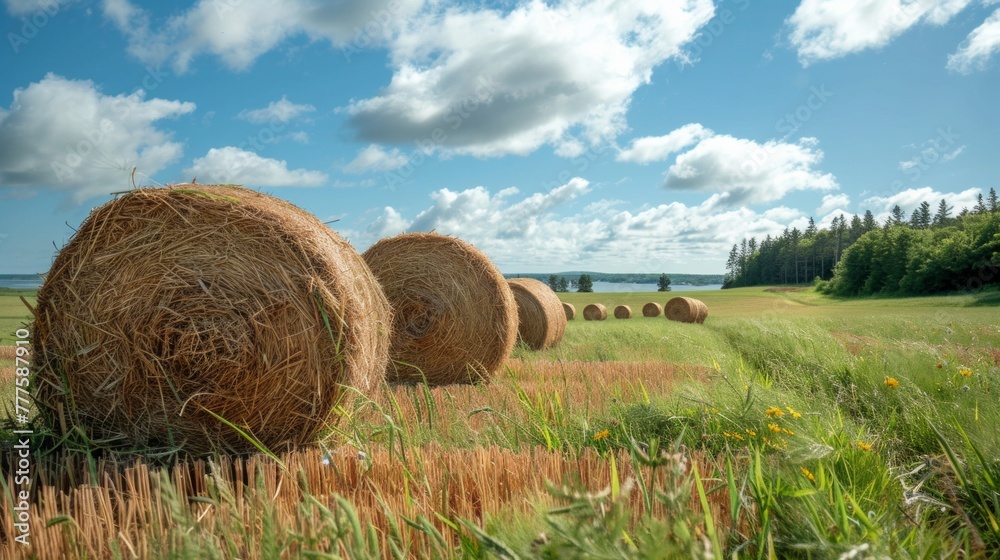 Hay bale. Agriculture field with sky. Rural nature in the farm land. Straw on the meadow. Wheat yellow golden harvest in summer. Countryside natural landscape. Grain crop, harvesting.