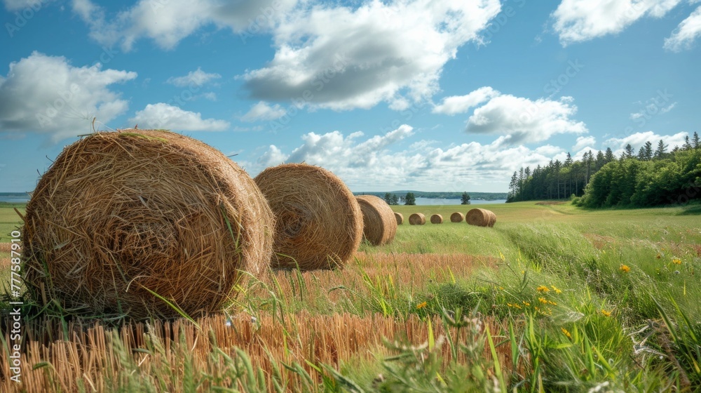 Hay bale. Agriculture field with sky. Rural nature in the farm land. Straw on the meadow. Wheat yellow golden harvest in summer. Countryside natural landscape. Grain crop, harvesting. Hay bale. Agriculture field with sky. Rural nature in the farm land. Straw on the meadow. Wheat yellow golden harvest in summer. Countryside natural landscape. Grain crop, harvesting.