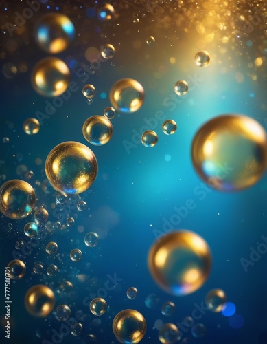 Digital art of golden bubbles floating in deep blue water, with a hint of sunlight filtering through, creating a tranquil underwater scene.
