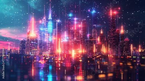 cityscape with space and neon light effect. Modern hi-tech, science, futuristic technology concept. Abstract digital high tech city design for banner background