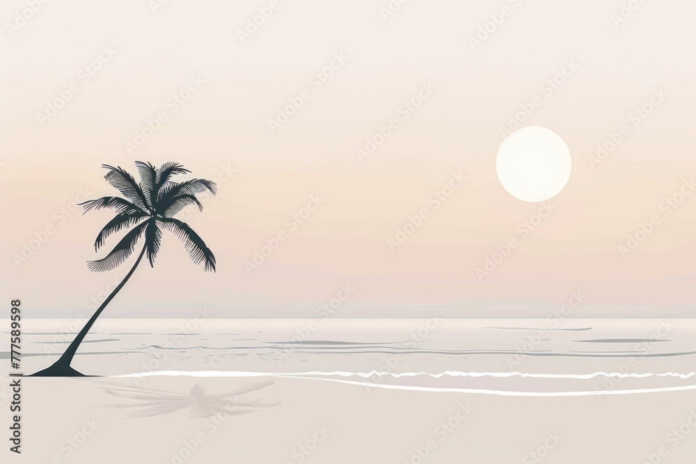 A palm tree is standing on a beach with a large sun in the background