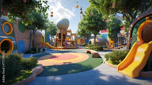 an imaginative 3D play area within a school setting, featuring slides, swings, and other playful elements attractive look