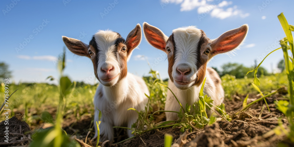 Playful Goats in Sunny Pasture Playful Goats in Sunny Pasture