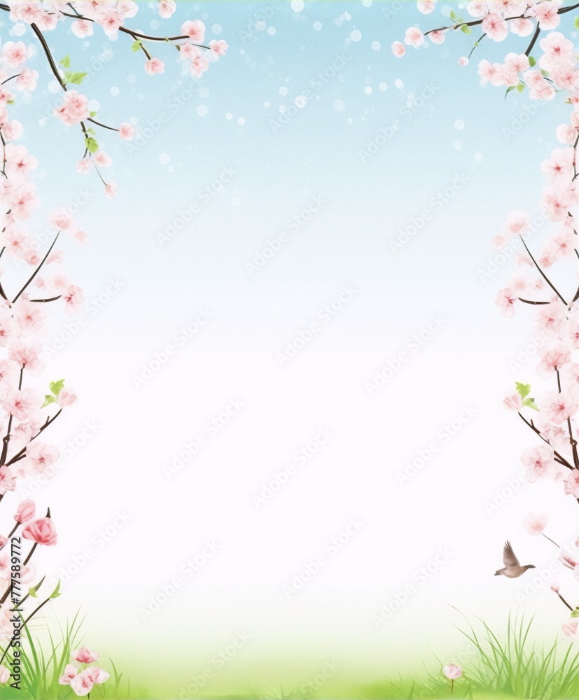 Delicate pink cherry blossoms frame a tranquil spring scene with a blue sky, soft clouds, and a grassy field.