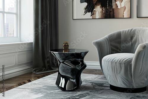 A lacquered side table with a high-gloss finish, adding a touch of modern elegance to a monochromatic color palette. photo