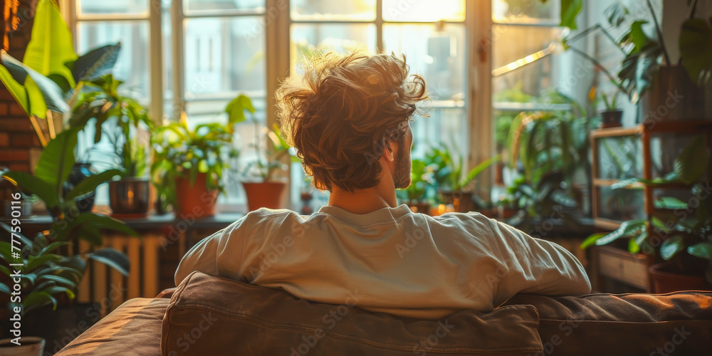 Contemplative Man Amidst Indoor Greenery Contemplative Man Amidst Indoor Greenery