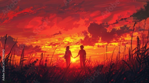 A tender moment shared between a couple as they watch a breathtaking sunset  the sky ablaze with warm hues of orange and pink  silhouettes holding hands against the fading light
