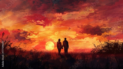 A tender moment shared between a couple as they watch a breathtaking sunset  the sky ablaze with warm hues of orange and pink  silhouettes holding hands against the fading light