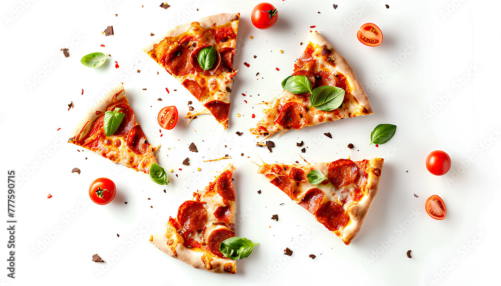 Flying slices of tasty pizzas on white background Flying slices of tasty pizzas on white background