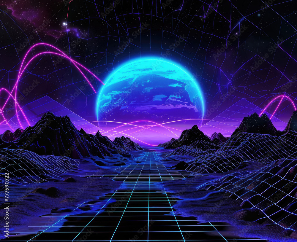 hyper detailed remix with a mostly blue vaporwave color palette on a void dark background - obrazy, fototapety, plakaty 