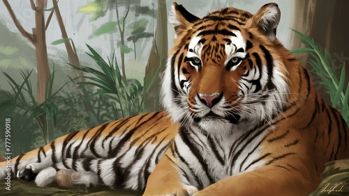 An illustration of a majestic tiger resting in a lush jungle environment