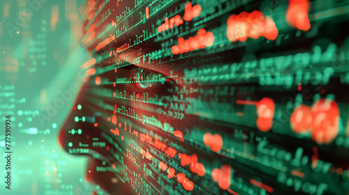 firewall interface, vibrant lines of code defending against incoming virus attacks represented by red glowing dots. The screen's reflection shows a user's determined face, Generative AI