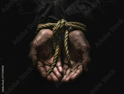 A man is being tied up with a rope