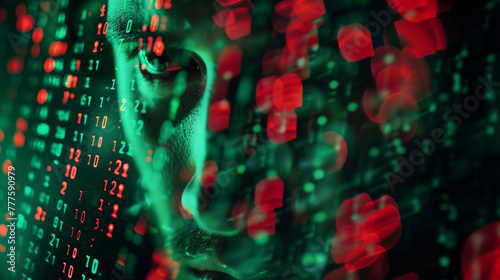 firewall interface, vibrant lines of code defending against incoming virus attacks represented by red glowing dots. The screen's reflection shows a user's determined face, Generative AI