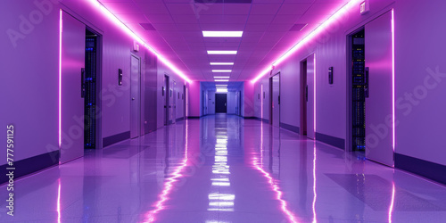 Futuristic Data Center Hallway with Neon Lighting