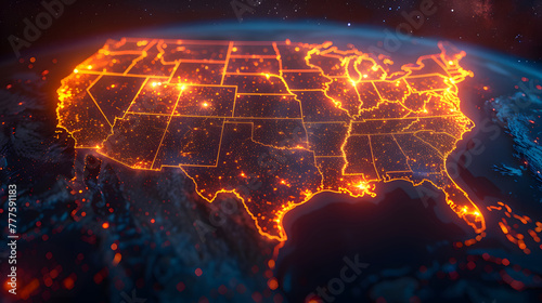 A digital map of the United States displaying illuminated connections, symbolizing nationwide communication and data networks photo
