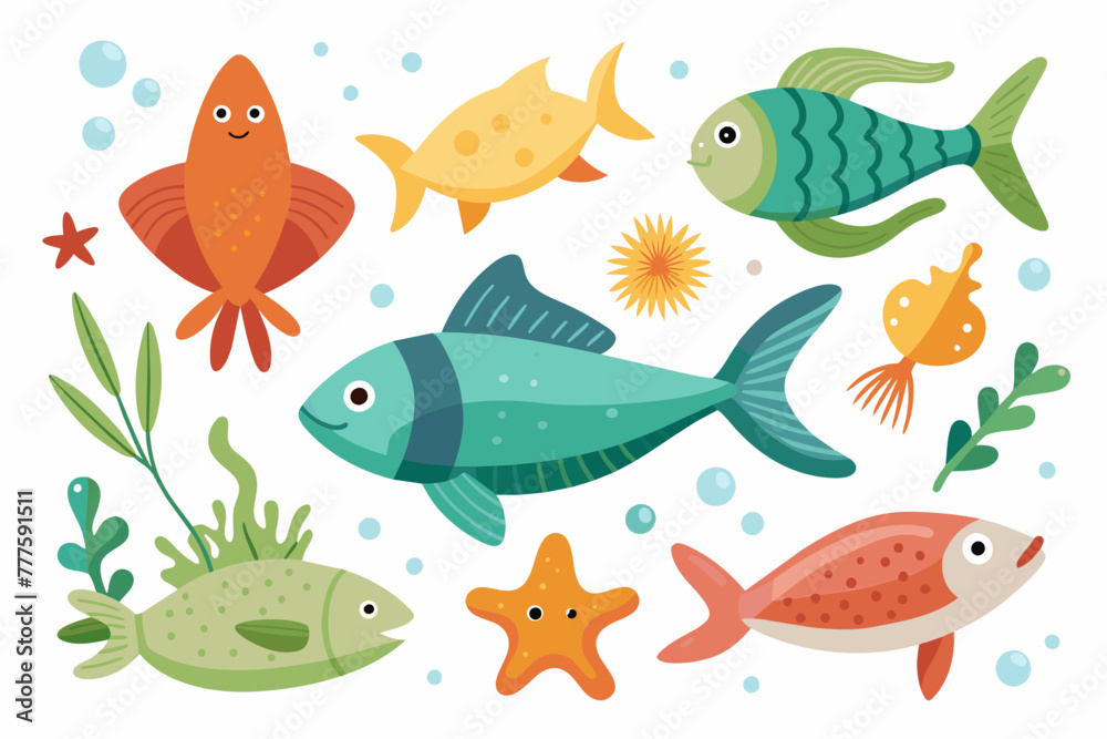 Set of assorted  fish, starfish, algae and eel minimal flat illustration , on white background