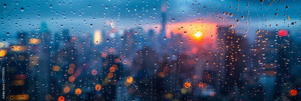 Rainy Cityscape at Twilight with Vibrant Sunset Colors