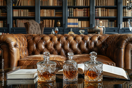Vintage Crystal Decanters on Leather Sofa in Classic Library