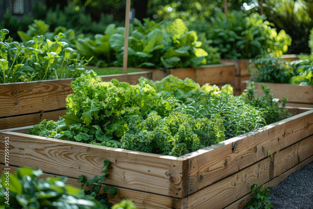 Vibrant Raised Garden Beds with Fresh Green Vegetables Vibrant Raised Garden Beds with Fresh Green Vegetables