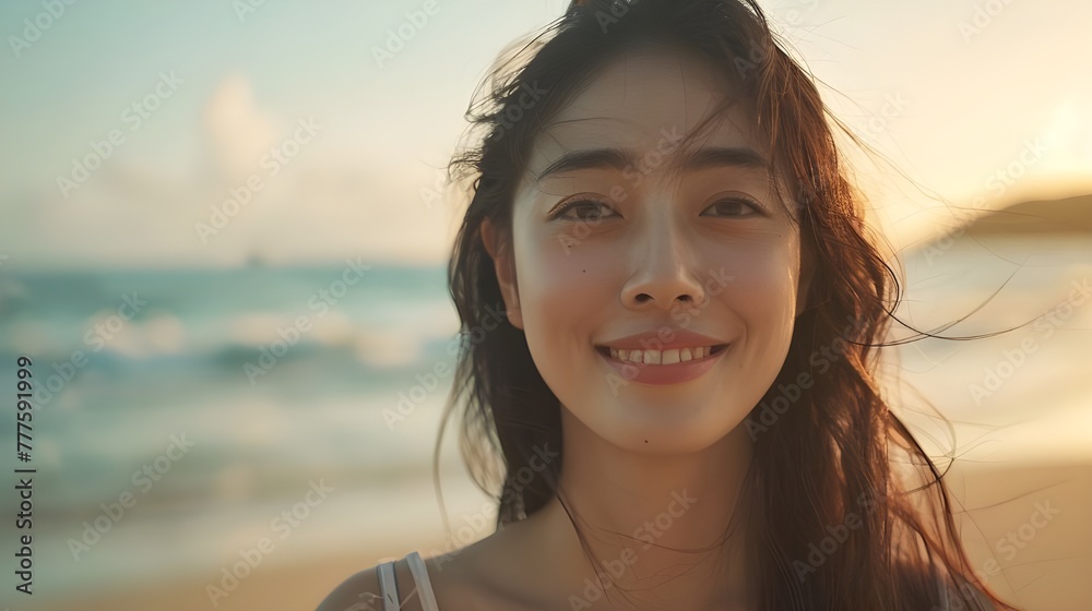 海辺に立つ笑顔の女性 海辺に立つ笑顔の女性