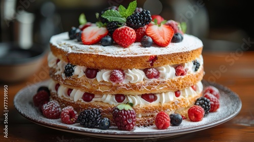Wallpaper Mural Triple Layer Cake With Berries and Whipped Cream Torontodigital.ca