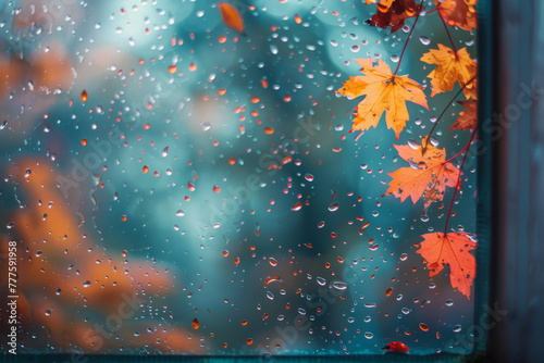 Autumn Raindrops on Windowpane with Orange Leaves photo