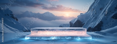 Illuminated icy stage with mountains and sunset