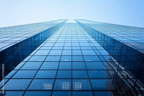 a modern skyscraper. Accentuate the reflective glass facade  towering height  and innovative structural elements against a clear blue sky