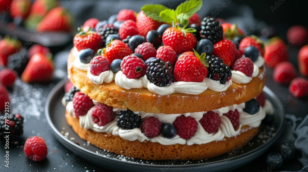 Triple Layer Cake With Berries and Whipped Cream Triple Layer Cake With Berries and Whipped Cream