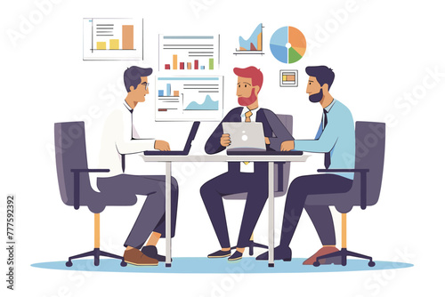 Engaged businessmen collaborate in a productive meeting, discussing strategies and analyzing data on laptops and charts, a concept of effective business communication