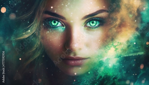 portrait of a woman with green eyes in galaxy
