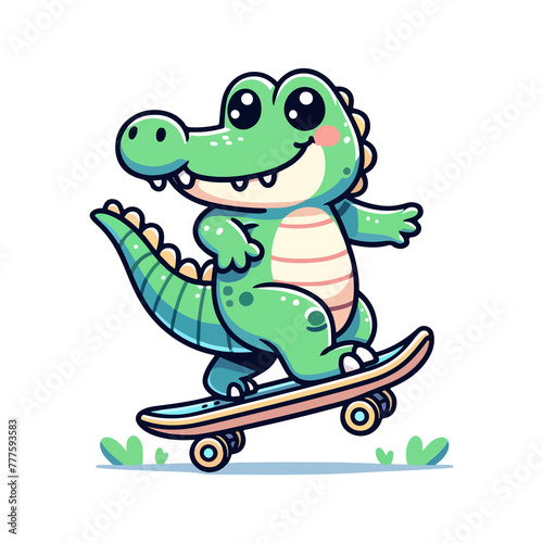 cute icon character crocodile playing skateboard